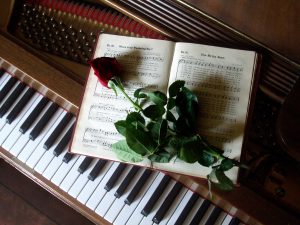 There’s a freshly cut red rose on this old hymn book. The music is open at “Where is my Wandering Boy?” and also “Give Me thy Heart.” Underneath you see the tuning pins, felts and keyboard of the grand piano.