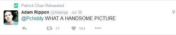 Patrick Chan retweets Adam Rippon's compliment. July 30, 2016