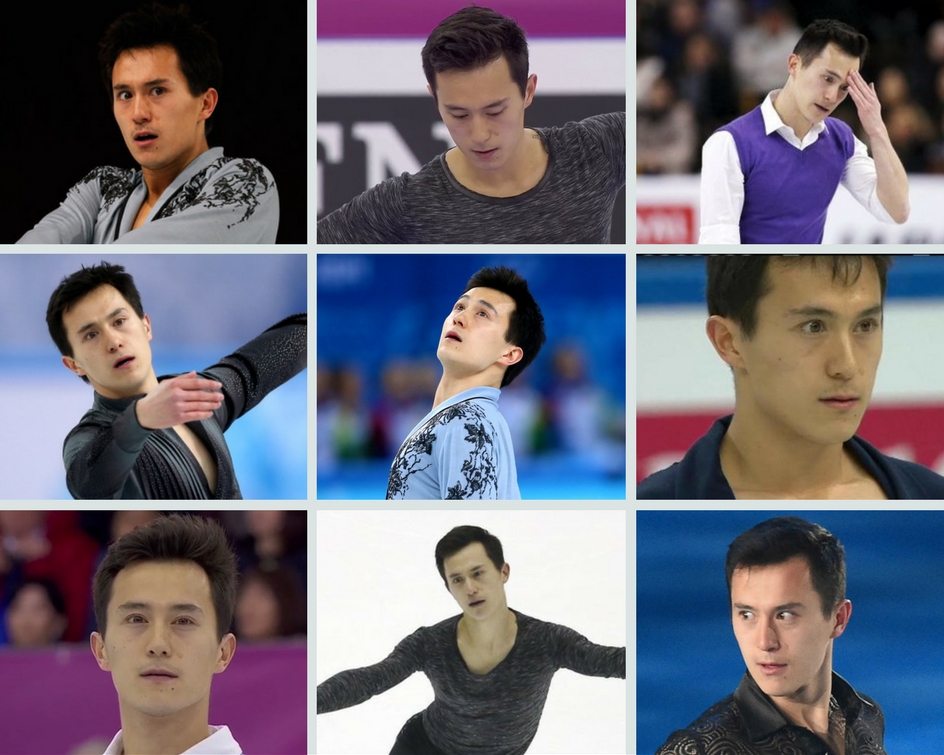 A collage of Patrick Chan's serious expressions from various photos and video captures.