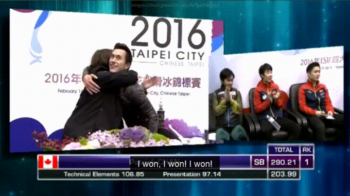 Patrick Chan reacts to winning the 2016 Four Continents Figure Skating Championship. (Source: YouTube)