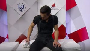 Patrick Chan and his new stuffed bunny in the Skate Canada kiss 'n cry. October 28, 2016.