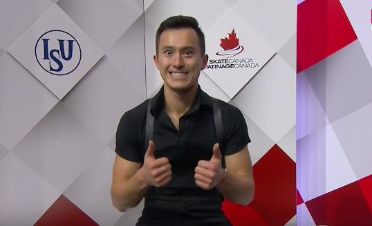 Patrick Chan giving a thumbs up after his short program at Skate Canada on October 28, 2016.