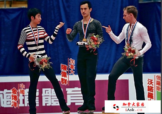 Patrick Chan on the podium after winning the Cup of China, 11-19-16. (Source: iAsk.ca)