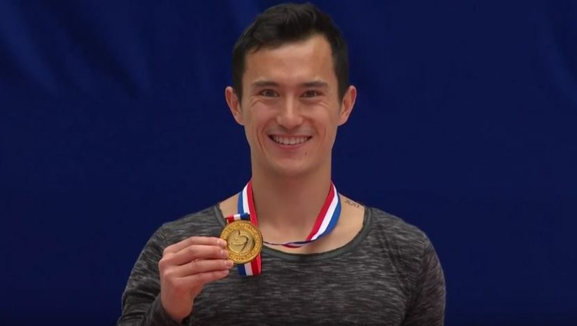 Patrick Chan shows off his gold medal at the Cup of China, November 19, 2016.